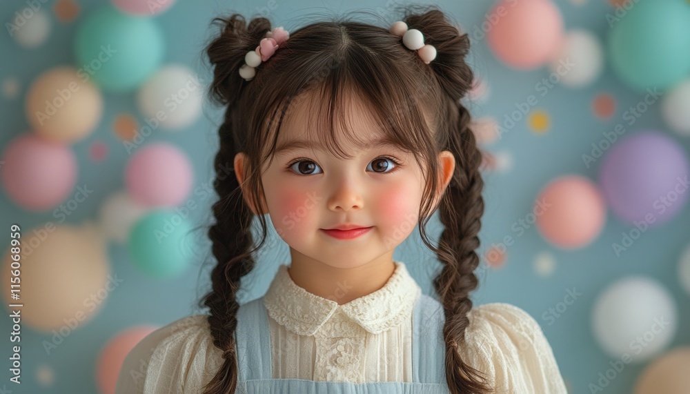 Girl with braided hairstyle smiles joyfully in front of a vibrant, pastel decor Girl with braided hairstyle smiles joyfully in front of a vibrant, pastel decor