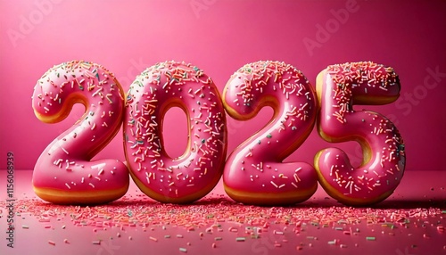 Feliz 2025 letras estilo donuts cubiertos de chocalate rosa sobre fondo rosa
