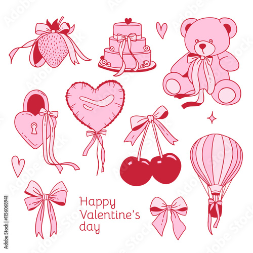Set of cute Valentine s doodles - lots of coquette design elements with vintage silk bows. Teddy bear, wedding cake, cherry and strawberry with ribbons. Linear hand drawn vector illustration.