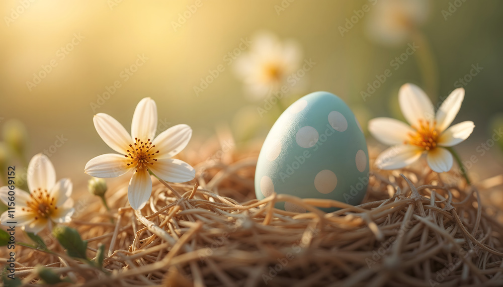Close-up of a single Easter egg in a straw nest surrounded by tiny spring blossoms and warm tones Close-up of a single Easter egg in a straw nest surrounded by tiny spring blossoms and warm tones