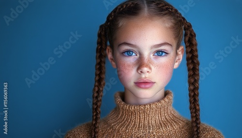 A girl with braids and blue eyes gazes directly at the camera with confidence photo