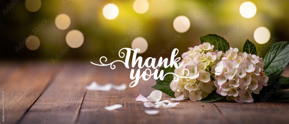 Naklejka premium Elegant Thank You Message with Delicate Hydrangea Flowers on Rustic Wood