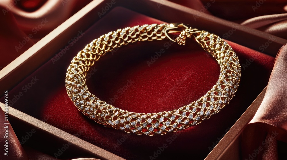 Fototapeta premium Elegant Gold Bracelet with Diamonds on Luxurious Red Silk Background