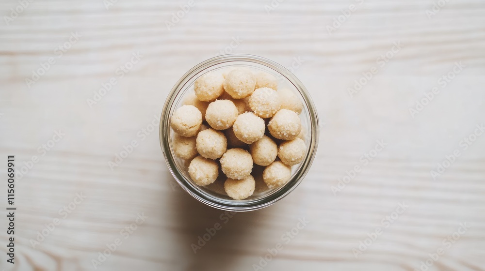 Delicious Sweet Snacks in Transparent Jar on Wooden Surface Delicious Sweet Snacks in Transparent Jar on Wooden Surface