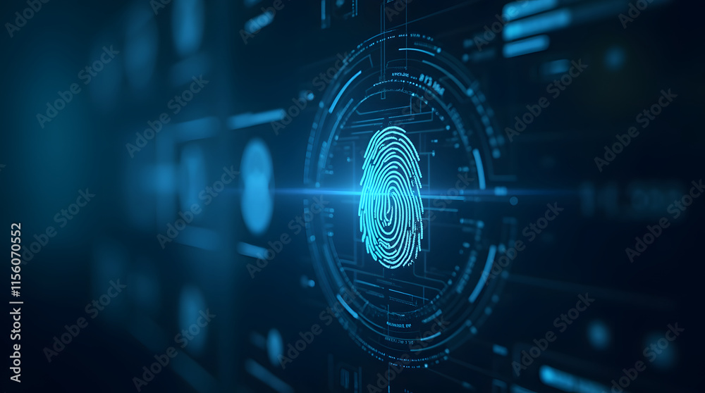Obraz premium Digital fingerprint scanner, scan biometric identity and access password thru fingerprint, concept of cybersecurity and data protection, security system