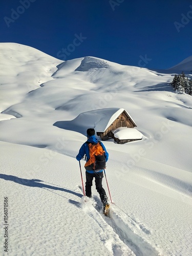 Winter Adventure A Solo Skier Journeying on a Beautiful SnowCovered Mountain Trail During Winter Season photo