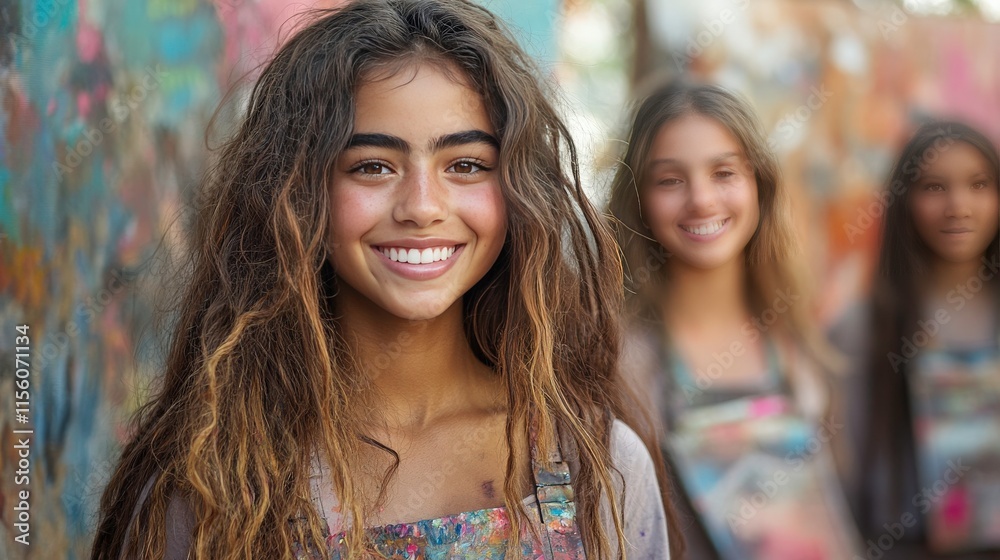 Happy Young Girls Smiling in Artistic Outdoor Space Surrounded by Colorful Graffiti and Abstract Murals Creating a Joyful and Playful Atmosphere