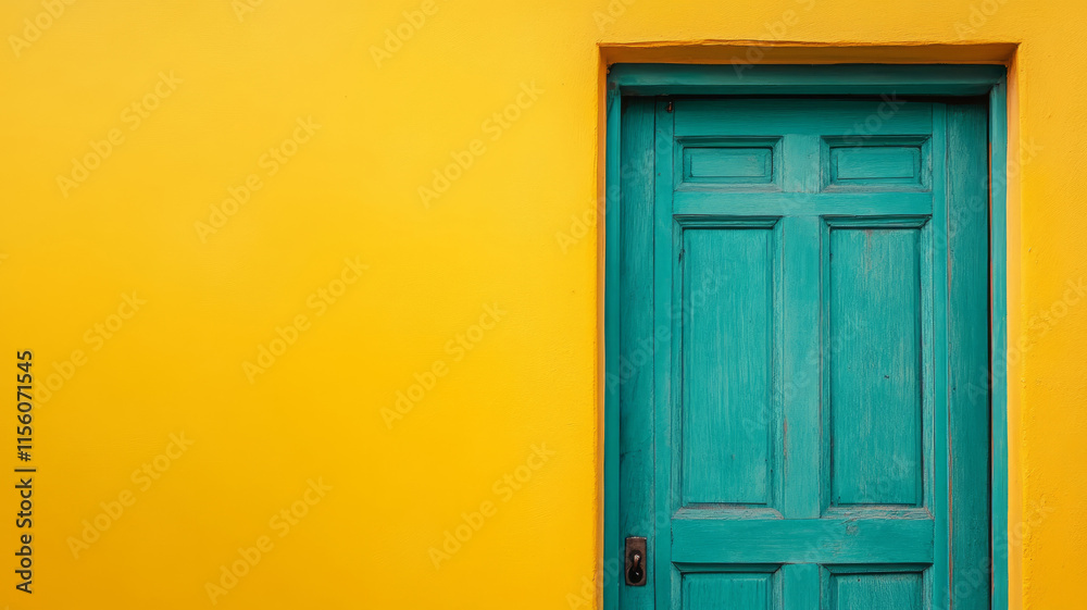 Turquoise door set in a bright yellow wall. Turquoise door set in a bright yellow wall.