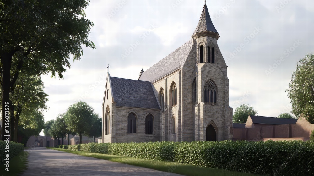 Fototapeta premium Stone chapel on a tree-lined path