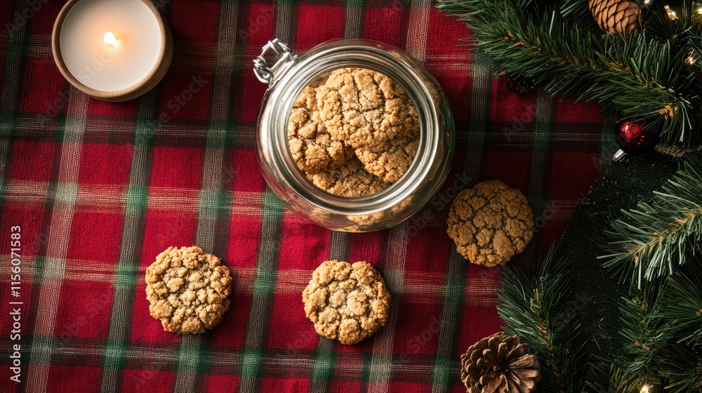 Delicious Homemade Cookies in Glass Jar on Festive Table Setting Delicious Homemade Cookies in Glass Jar on Festive Table Setting