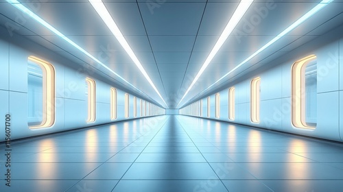 Modern Futuristic Corridor with Sleek Design, Bright Lighting, and Reflective Floor, Perfect for Sci-Fi and Technology Themes in Stock Photography