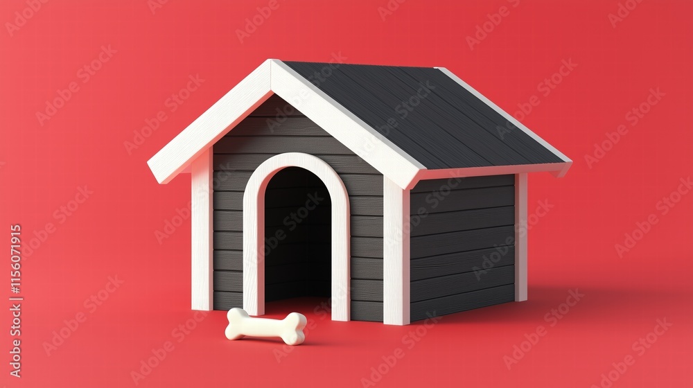 3D render of a modern doghouse with a bone on red background. pet care and contemporary design