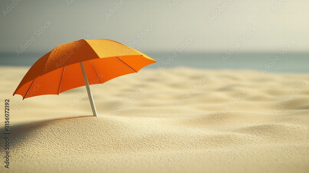 3D render of an orange beach umbrella on sandy dunes with a calm sea in the background. vacation theme 3D render of an orange beach umbrella on sandy dunes with a calm sea in the background. vacation theme