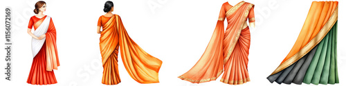 National Dress Day and elegance tradition, The image showcases elegant sarees in vibrant orange hues, draped artistically on models, highlighting flowing fabric and intricate designs. photo