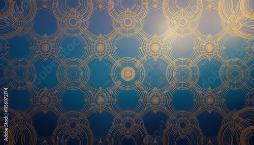 An abstract pattern of interlocking circular shapes in hues of golden yellow, teal, and lavender, with a soft glow, resembling planetary orbits or celestial rings against a gradient of twilight blues 