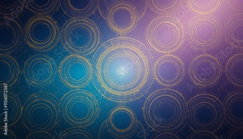 An abstract pattern of interlocking circular shapes in hues of golden yellow, teal, and lavender, with a soft glow, resembling planetary orbits or celestial rings against a gradient of twilight blues 