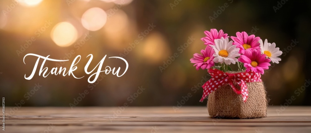 Naklejka premium Thank You Flowers in Rustic Burlap Pot on Wooden Table