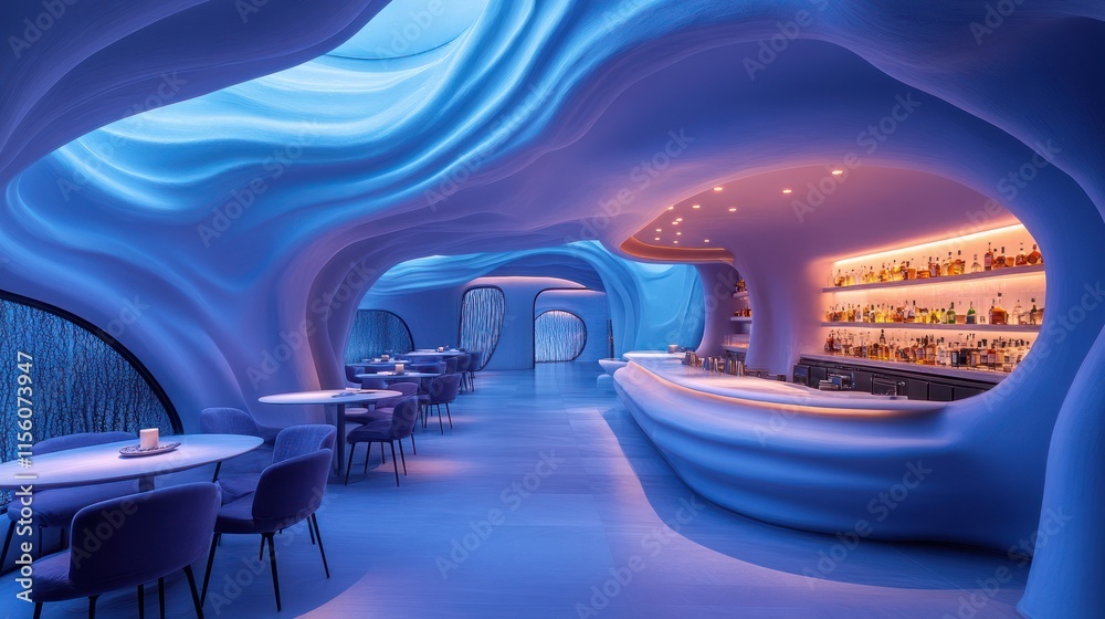 Obraz premium Serene underwater-themed bar with organic curves, ambient lighting, and comfortable seating.
