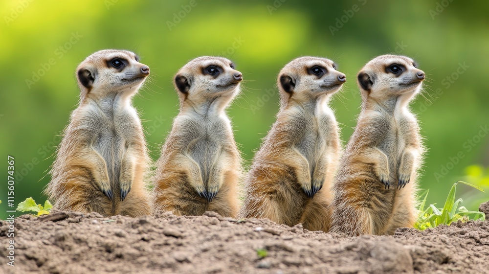 Fototapeta premium A Group of Meerkats Standing Alert in a Natural Habitat, Showcasing Their Curiosity and Social Behavior Amidst a Lush Green Background