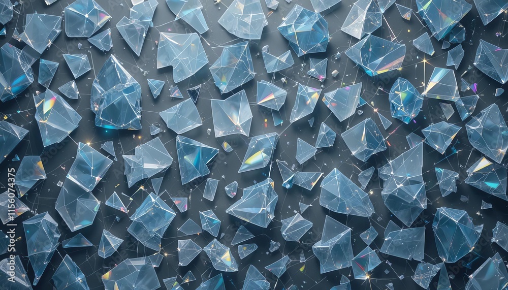 An abstract pattern resembling shattered glass or crystal shards, with sharp, angular pieces in varying shades of translucent blues and whites, catching light and creating prismatic rainbows across An abstract pattern resembling shattered glass or crystal shards, with sharp, angular pieces in varying shades of translucent blues and whites, catching light and creating prismatic rainbows across