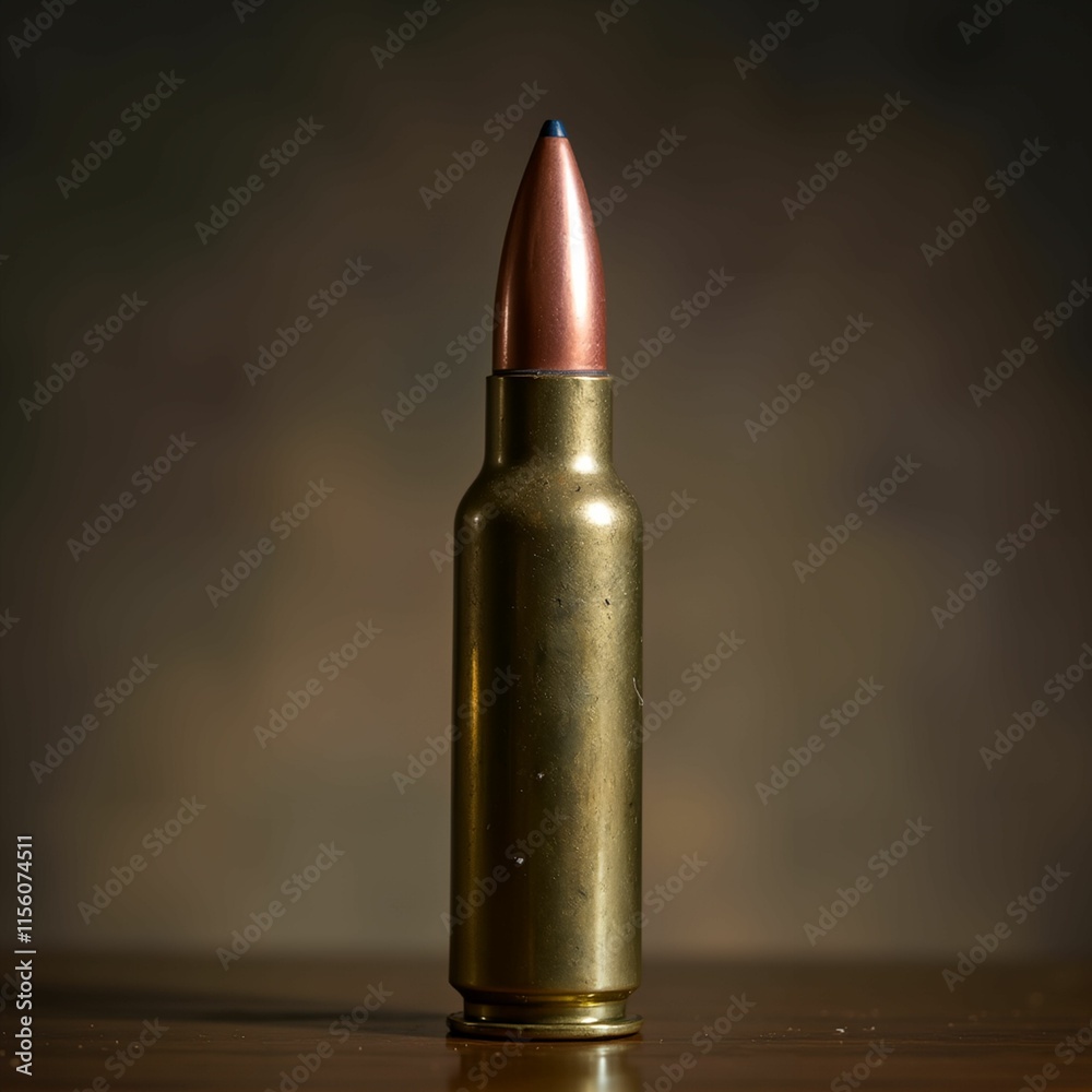 single bullet lying on a wooden table against a blurred background. The bullet has a copper-colored tip and a metallic body. single bullet lying on a wooden table against a blurred background. The bullet has a copper-colored tip and a metallic body.