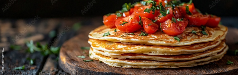 Stack of Thin Pancakes with Fresh Tomato and Herb Topping