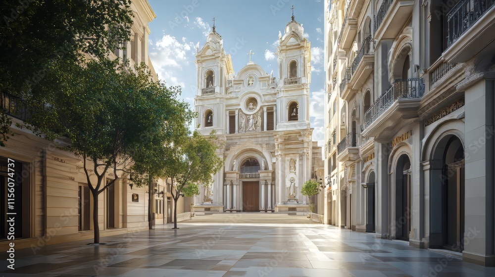 Naklejka premium Church on a sunlit city street