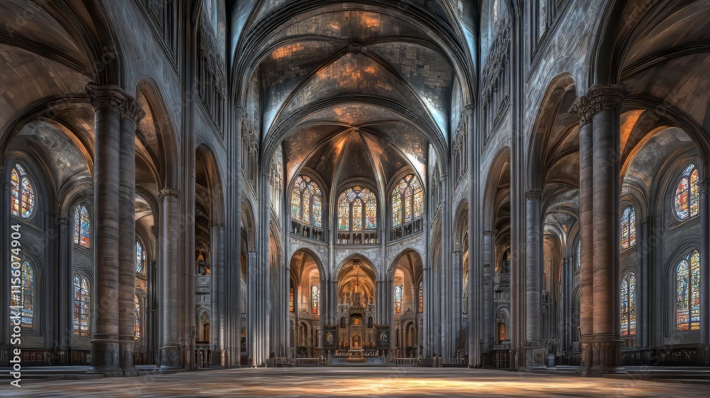 Grand cathedral interior, sunlight streams in Grand cathedral interior, sunlight streams in