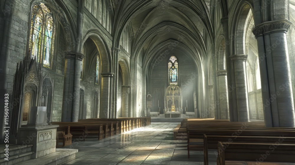 Sunlight streams through gothic cathedral Sunlight streams through gothic cathedral