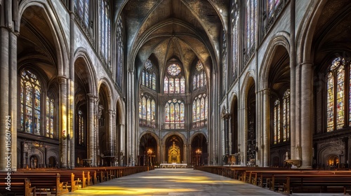 Grand cathedral interior, sunlight streams in photo