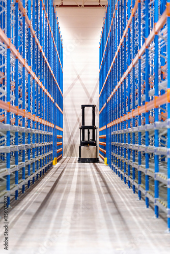 Warehouse machines against the background of massive blue racks. Warehouse. Shelves. photo