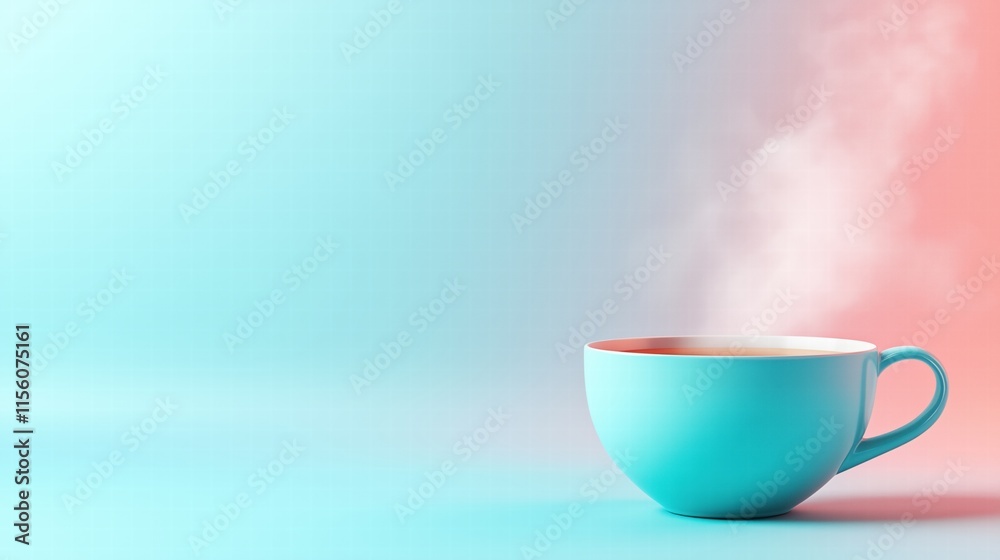 Steaming blue cup on pastel gradient background, 3D render. Warm beverage and relaxation. Steaming blue cup on pastel gradient background, 3D render. Warm beverage and relaxation.