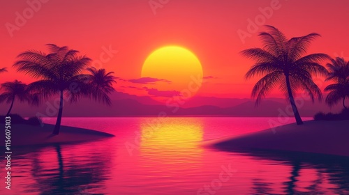 Vibrant tropical sunset over ocean with palm trees silhouettes