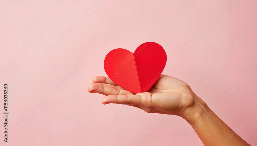 A hand displays a vibrant red heart against a light pink backdrop, symbolizing love and affection. This scene captures the essence of Valentine\'s Day, showcasing heartfelt emotions A hand displays a vibrant red heart against a light pink backdrop, symbolizing love and affection. This scene captures the essence of Valentine\'s Day, showcasing heartfelt emotions