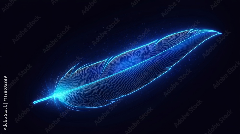 Fototapeta premium Neon blue feather on dark background with glowing particles