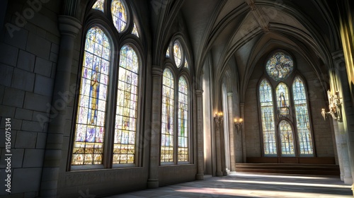 Sunlit cathedral hallway with stained glass photo