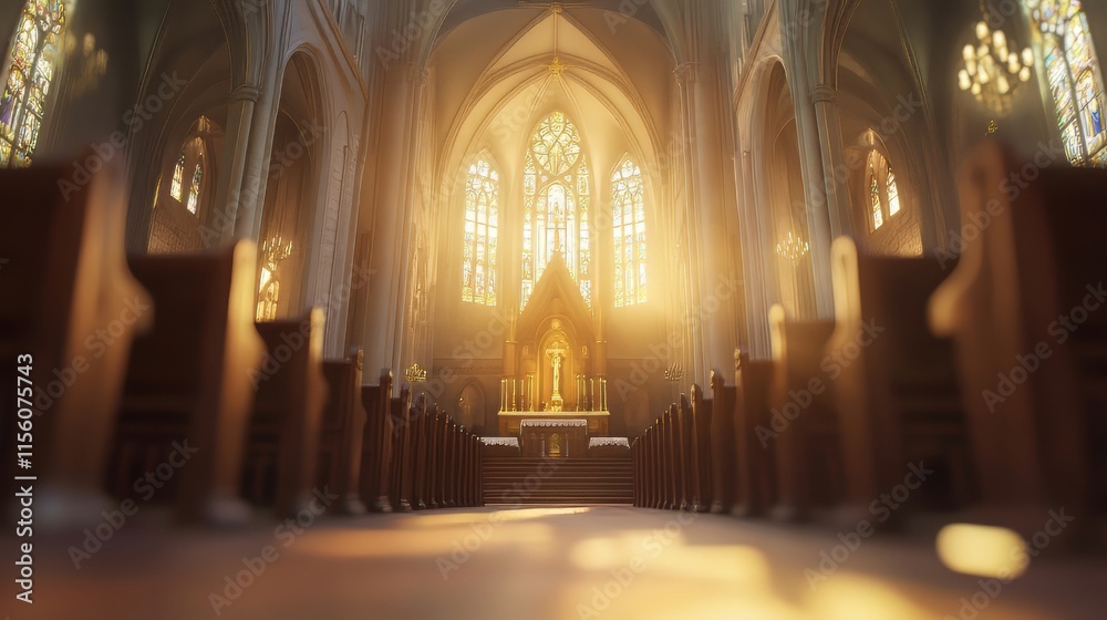 Fototapeta premium Sunlit church interior, peaceful scene