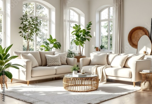 Bright living room with beige sofas and indoor plants. Modern scandinavian interior with arched windows, rattan furniture and natural decor. Cozy home design with copy space