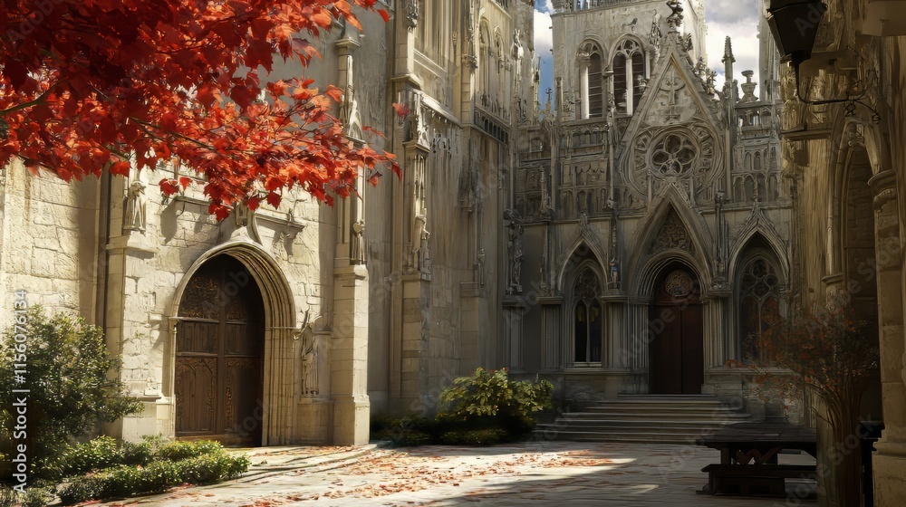 Fototapeta premium Autumnal Courtyard of Gothic Church