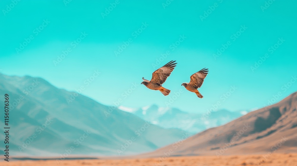 Naklejka premium Majestic birds soaring gracefully over a stunning mountainous landscape under a vibrant blue sky with distant snow-capped peaks showcasing the beauty of nature.