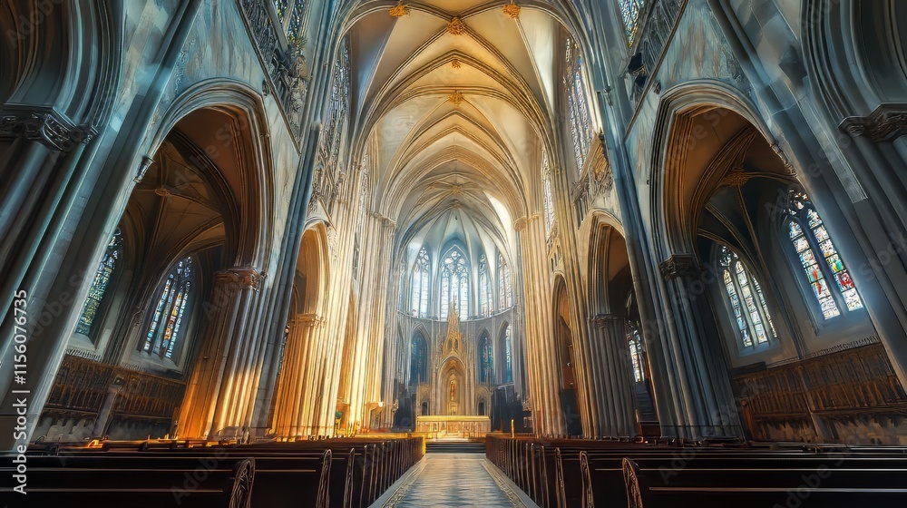 Fototapeta premium Grand cathedral interior, sunlight beams