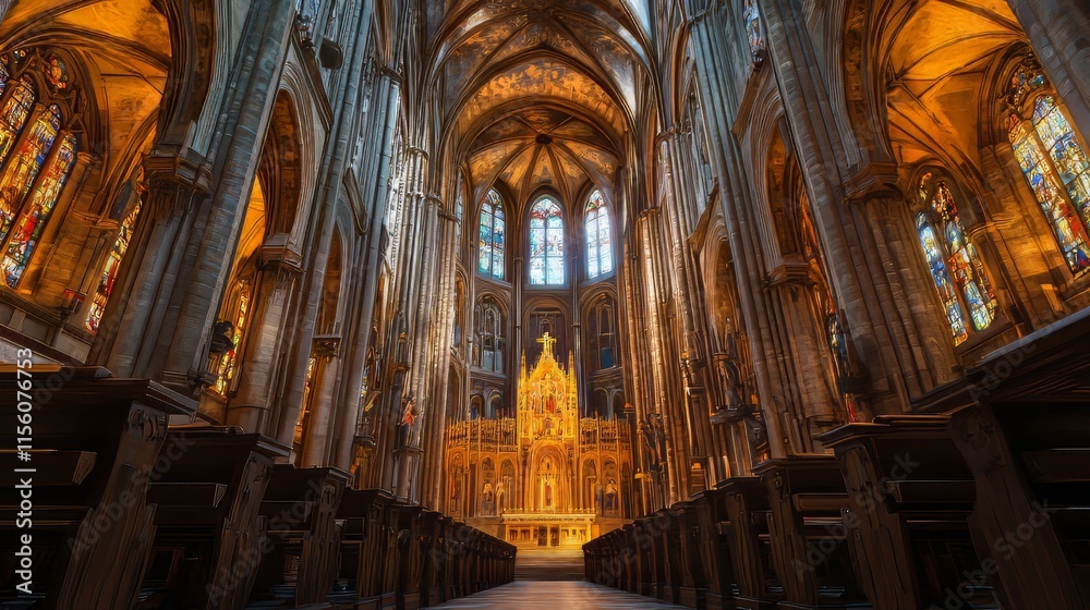 Obraz premium Grand cathedral interior, golden altar