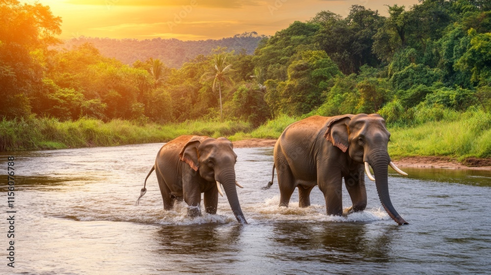 Majestic Elephants Walking Through Calm Water in Lush Green Forest at Sunset, Capturing the Serenity and Beauty of Nature's Wildlife Majestic Elephants Walking Through Calm Water in Lush Green Forest at Sunset, Capturing the Serenity and Beauty of Nature's Wildlife
