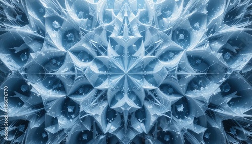 An intricate abstract pattern of frost-like structures, with sharp, angular shapes in icy blues, whites, and silvers, creating a frosty, crystalline aesthetic with soft light reflections and a cool, 