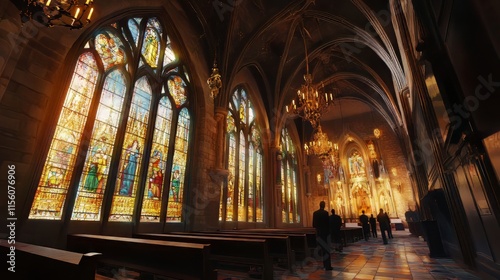 Sunlit church interior with stained glass