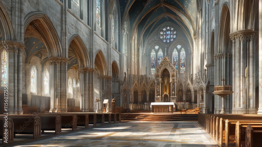 Fototapeta premium Sunlit Gothic church interior
