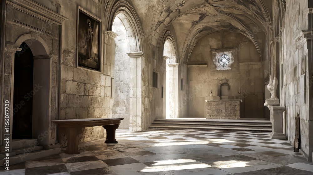 Obraz premium Sunlit stone chapel interior