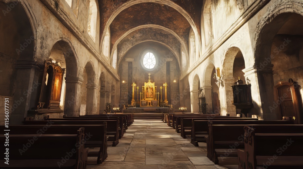 Fototapeta premium Sunlit interior of an old church