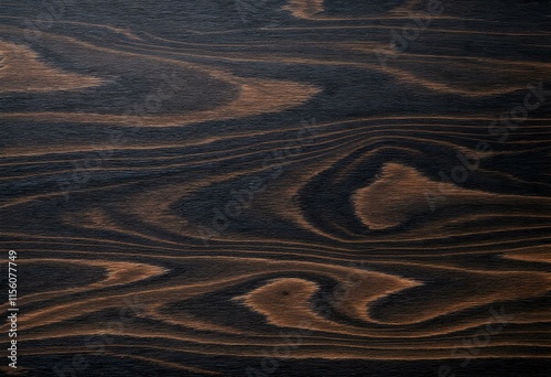 Dark wooden texture with natural wavy patterns. Rich brown and black wood grain surface. Rustic material background for interior design, furniture and decoration