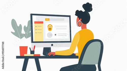 Businesswoman looking at a computer screen displaying a fraud alert, with a lock symbol next to the notification, emphasizing online protection. 